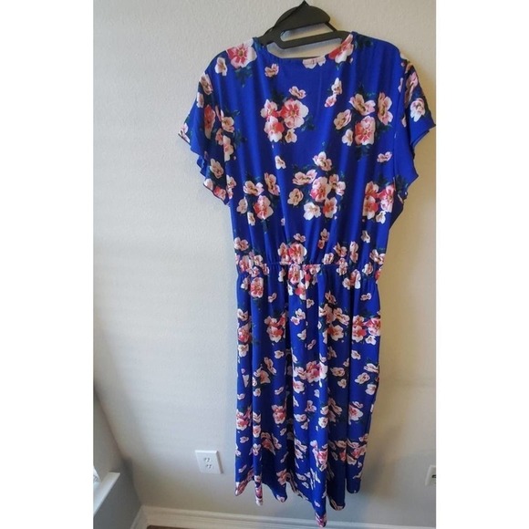 BLUE floral crepe faux wrap maxi dress plus 2X - Picture 2 of 9